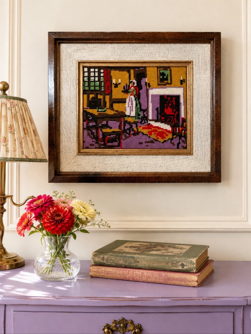 Vintage 1970s Wool Needlepoint Framed Fiber Art Cottage Interior 13x15